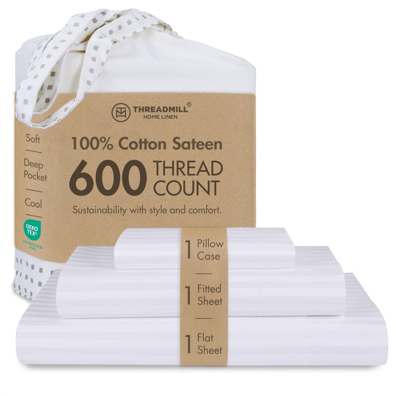 Threadmill 100% Cotton Sheets for Twin XL Size Bed - 600 Thread Count Twin XL Bed Sheets Set with 15â€ Deep Pocket - Damask Stripe Sateen Weave 3-Piece Bedding Set with Cooling Effect, White - Image 1